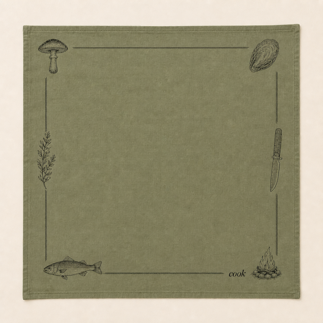 Muted sage field guide bandana with sparse black engraved mushroom, oyster, herb, field knife, fish, and campfire motifs