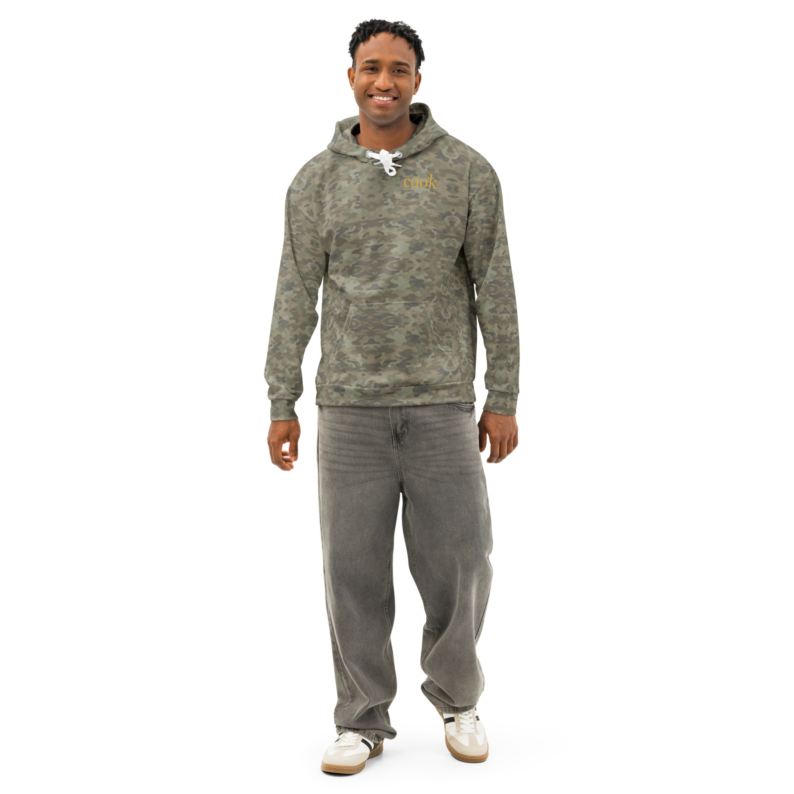 Cook Curated product image of the Cook all-over hoodie in muted field camouflage with mustard wordmark
