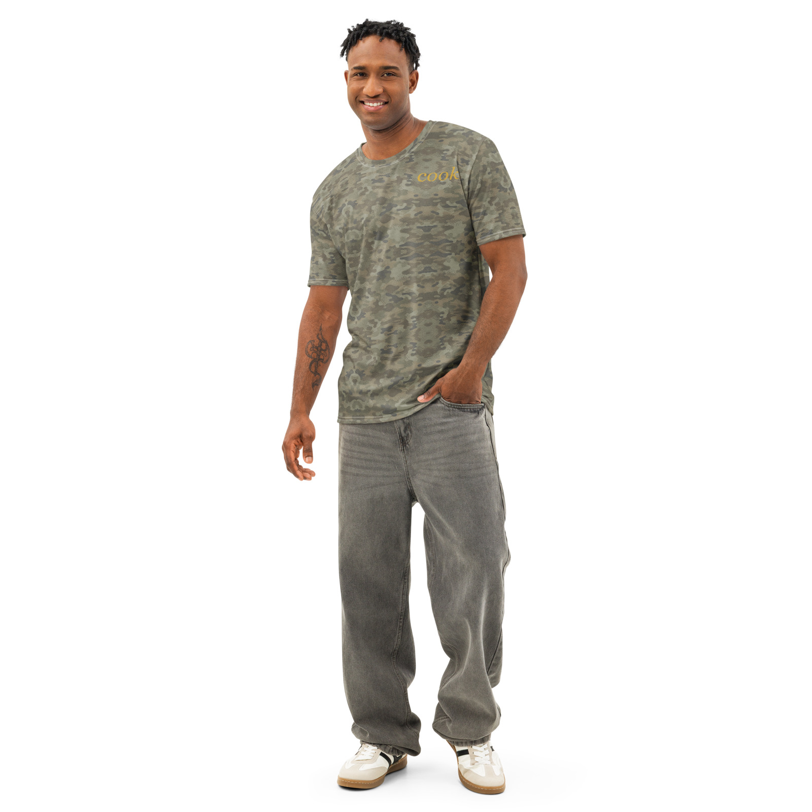 Cook Curated product image of the Cook all-over cotton tee in muted field camouflage with mustard wordmark