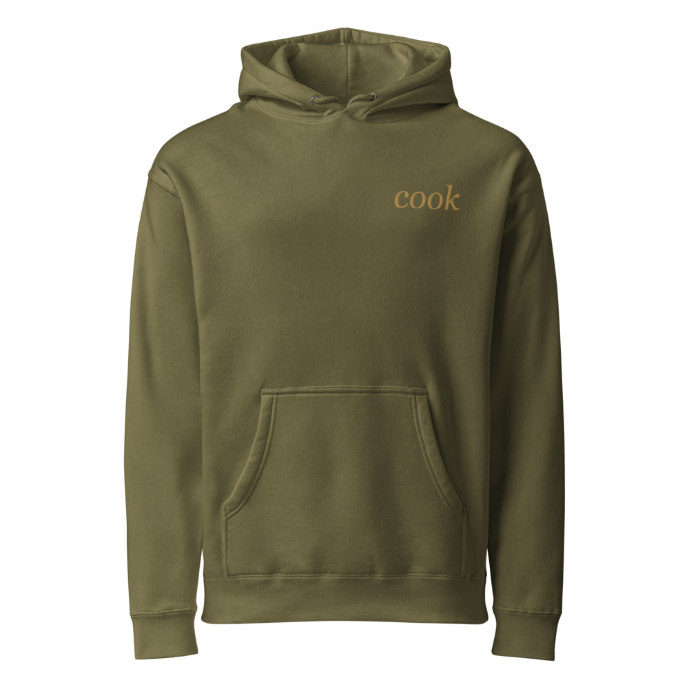 Army green Independent IND4000 heavyweight hoodie with muted mustard cook embroidery at the left chest