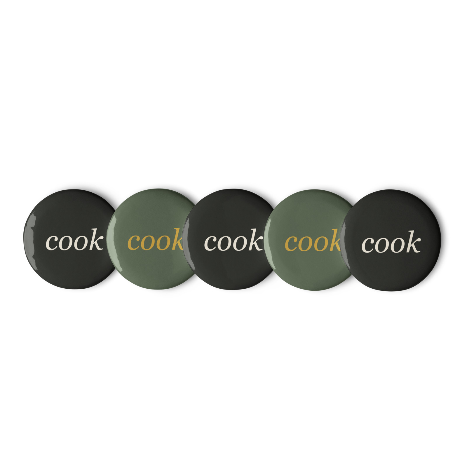 Cook Curated product image of five Cook field pins alternating black and sage with ivory and mustard lettering