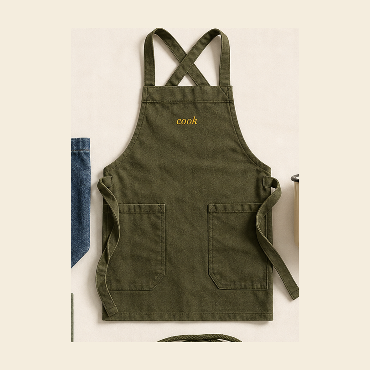 Olive work apron with muted mustard cook wordmark