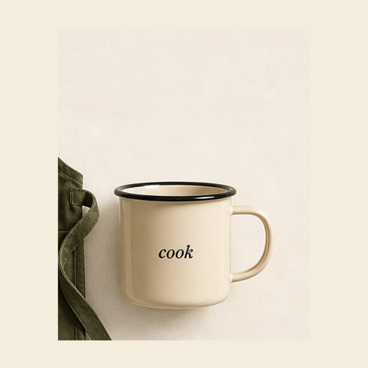 Cream enamel camp mug with black cook wordmark