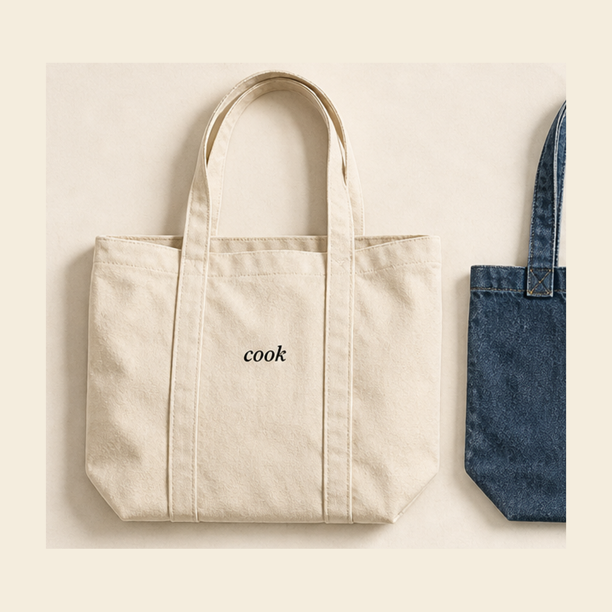Natural long-handle shoulder tote with black cook wordmark
