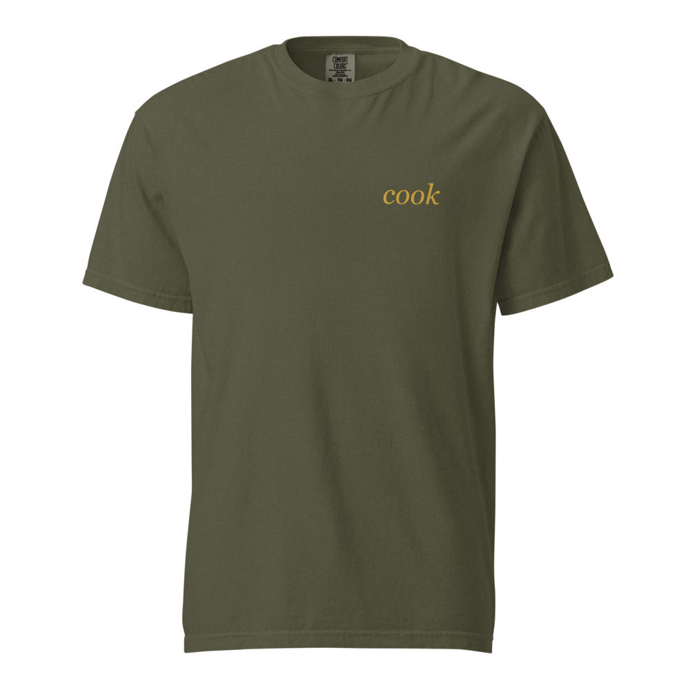 Sage Comfort Colors 1717 heavyweight tee with muted mustard cook wordmark at the left chest